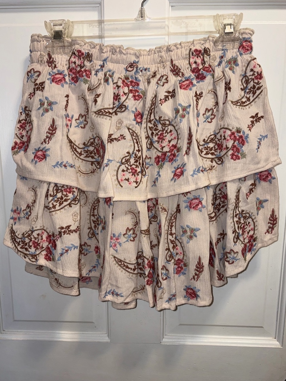 Boho Tiered Cream Floral Mini Skirt - Size M